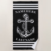 名航海のパーソナライズされた前ブラックいかり(ロープ付き) ビーチタオル (正面)