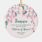 名誉のマトロンパーソナライズされたプロポーズピンク花模様 セラミックオーナメント (正面)