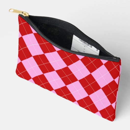 名門私立校風のアーガイルタータンチェックダイヤモンドプレイドレッドピンク アクセサリーポーチ (見開き)