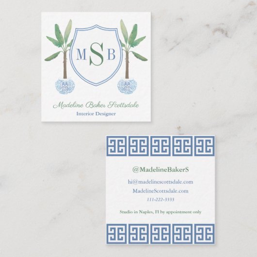 名門私立校風のインテリアデザイナー・モノグラム・バナナ・ツリー スクエア名刺 (正面/裏面)