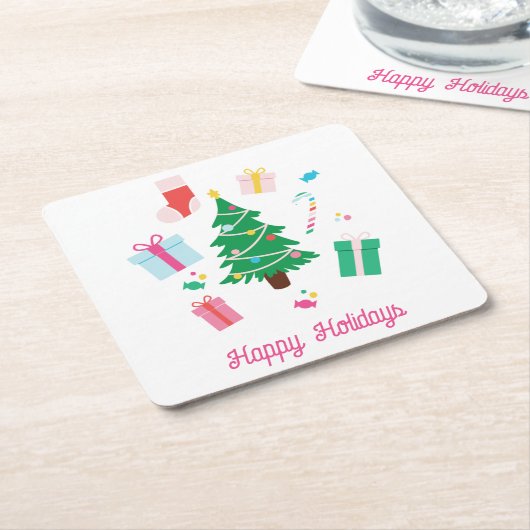 名門私立校風のクリスマスツリーハッピーホリデー スクエアペーパーコースター (アングル)