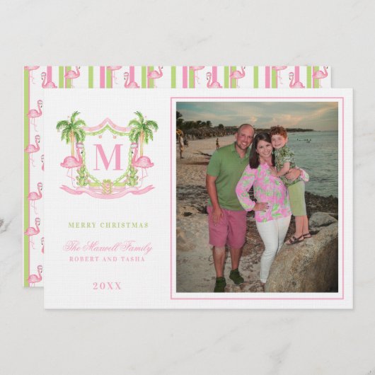 名門私立校風のクリスマスフラミンゴクレストモノグラム 招待状 (正面/裏面)