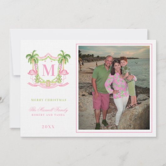 名門私立校風のクリスマスフラミンゴクレストモノグラム 招待状 (正面)