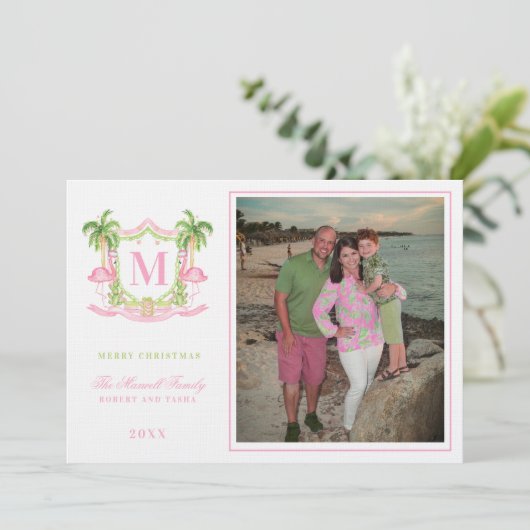 名門私立校風のクリスマスフラミンゴクレストモノグラム 招待状 (スタンド正面)