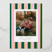 名門私立校風のストライプのChristmas写真金ゴールドピンク 箔シーズンカード (正面)