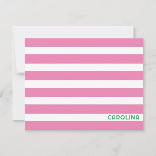 名門私立校風のストライプピンク&ブライトグリーンかわいいガーリー ノートカード (正面)