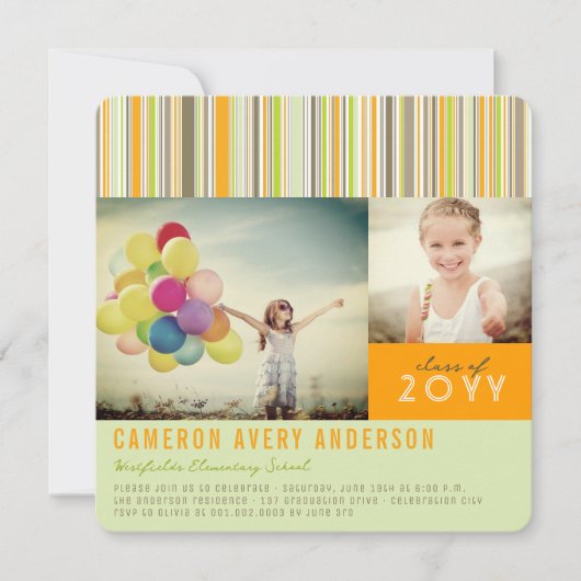 名門私立校風のストライプモダン2写真卒業パーティー 招待状 (正面)