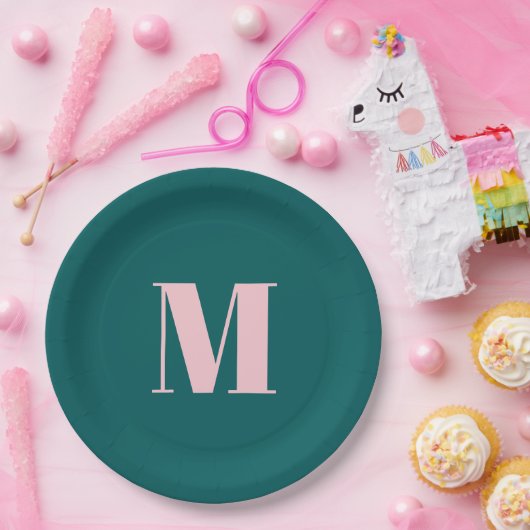 名門私立校風のティール（緑がかった色）ピモダンッフェミニンモノグラムのクパーティー ペーパープレート (パーティー)