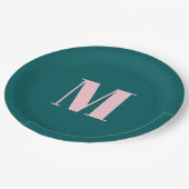 名門私立校風のティール（緑がかった色）ピモダンッフェミニンモノグラムのクパーティー ペーパープレート (アングル)