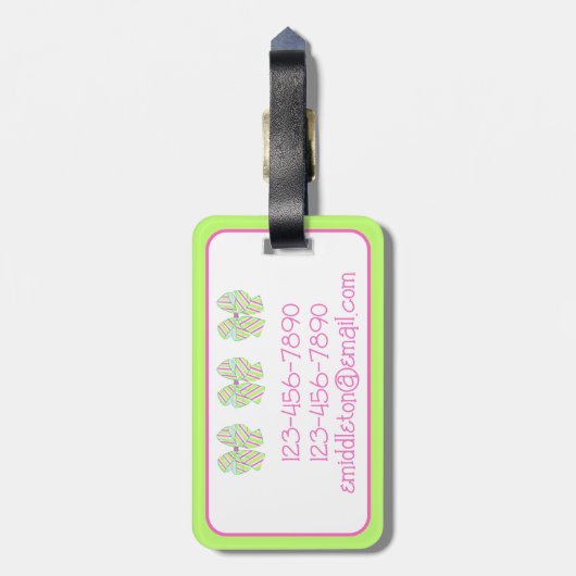 名門私立校風のピンクとグストライプのルーパーソナライズされた ラゲッジタグ (裏面縦)