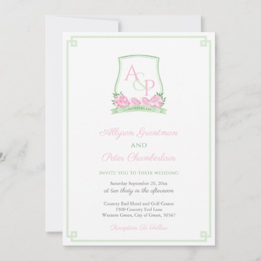 名門私立校風のピンクと緑のあじさい結婚の山 招待状 (正面)