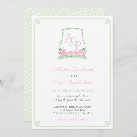 名門私立校風のピンクと緑のあじさい結婚の山 招待状 (正面/裏面)