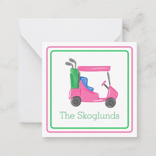 名門私立校風のピンクゴルフカートパーソナライズされた縁どギフト ノートカード (正面)