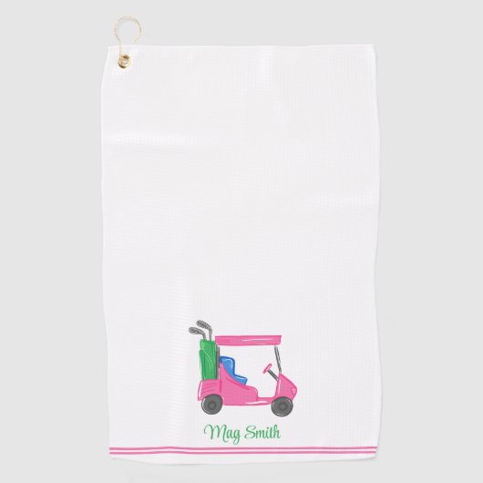 名門私立校風のピンクゴルフカーパーソナライズされたト ゴルフタオル (正面)