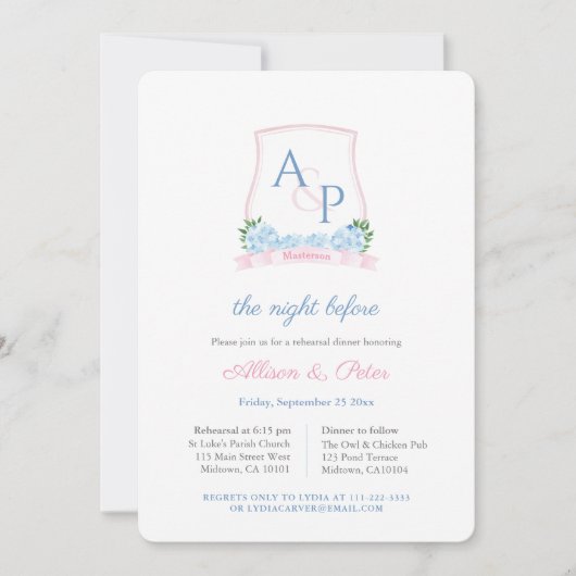 名門私立校風のピンクブルー結婚クレストのリハーサル 招待状 (正面)