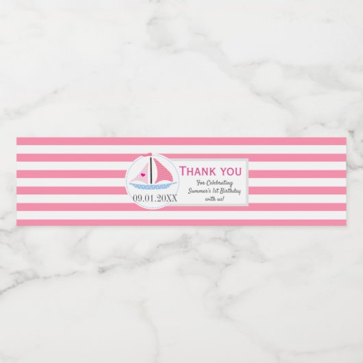 名門私立校風のピンク航海のセイル遠くに誕生日ありがとう ペットボトルラベル (シングルラベル)