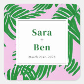名門私立校風のピンク+緑のヤシ結婚の木 スクエアシール (正面)