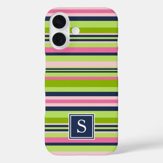 名門私立校風のライム、ピンクとネイビーのモノグラストライプム Case-Mate iPhoneケース (裏面)