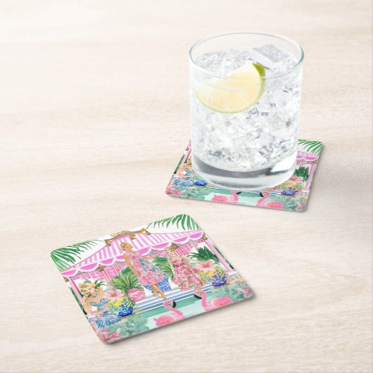 名門私立校風のレトロパームビーチプールパーティー スクエアペーパーコースター (インサイチュ)