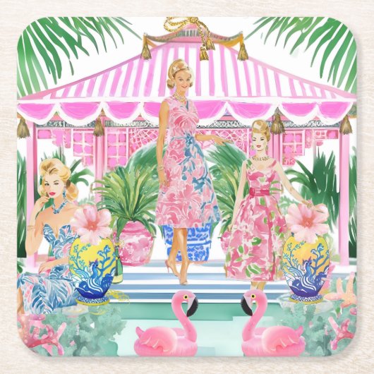 名門私立校風のレトロパームビーチプールパーティー スクエアペーパーコースター (正面)