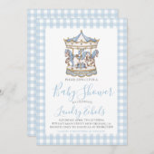 名門私立校風の回転木馬ブルーボーイベビーシャワー 招待状 (正面/裏面)