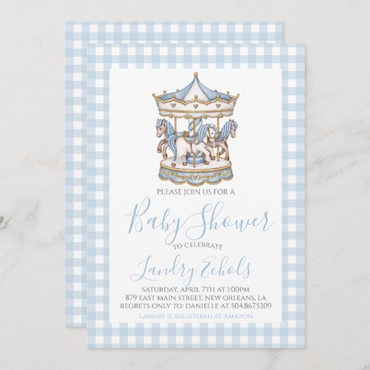 名門私立校風の回転木馬ブルーボーイベビーシャワー 招待状 (正面/裏面)