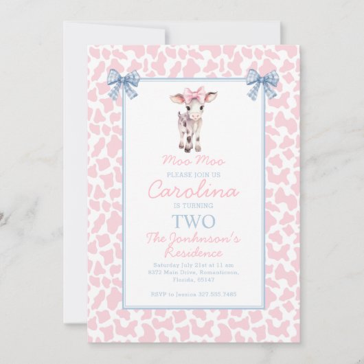 名門私立校風の大千年かわいい牛モーモー誕生日 招待状 (正面)
