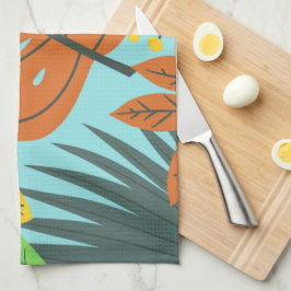 名門私立校風の植物模様の青いオレンジかわいらし色 キッチンタオル