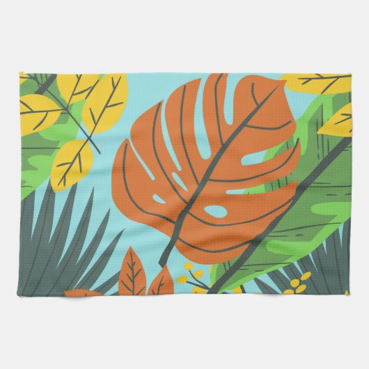 名門私立校風の植物模様の青いオレンジかわいらし色 キッチンタオル (横)