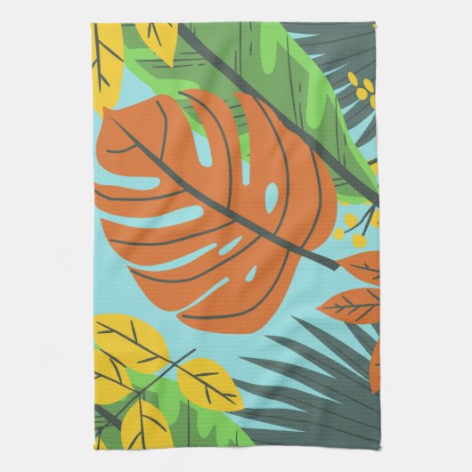 名門私立校風の植物模様の青いオレンジかわいらし色 キッチンタオル (縦)