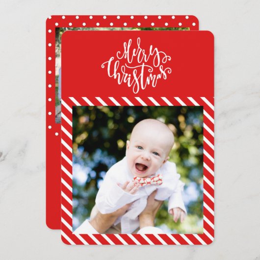 名門私立校風の水玉模様ストライプフォトカード シーズンカード (正面/裏面)