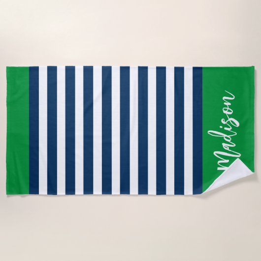 名門私立校風の航海のストライプ海軍緑書道 ビーチタオル (正面)
