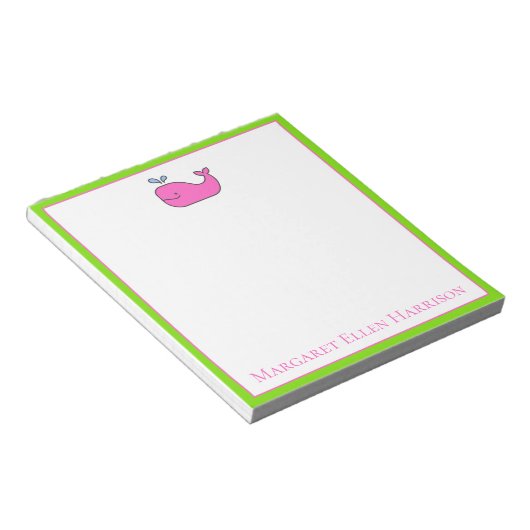 名門私立校風の航海のピンクと緑の鯨パーソナライズされた ノートパッド (アングル)