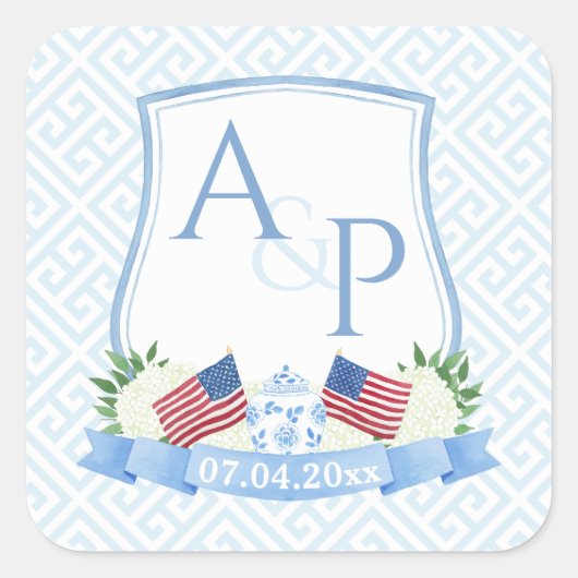 名門私立校風の赤白青結婚国旗の紋章 スクエアシール (正面)