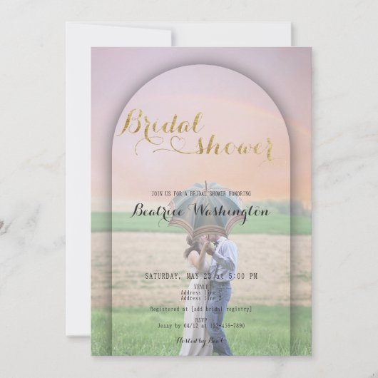 名門私立校風の金ゴールド手書きハートフォトブライダルシャワー 招待状 (正面)