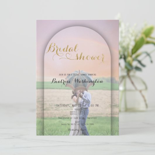 名門私立校風の金ゴールド手書きハートフォトブライダルシャワー 招待状 (スタンド正面)