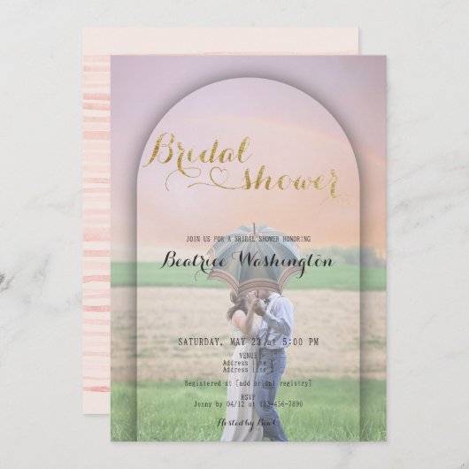 名門私立校風の金ゴールド手書きハートフォトブライダルシャワー 招待状 (正面/裏面)