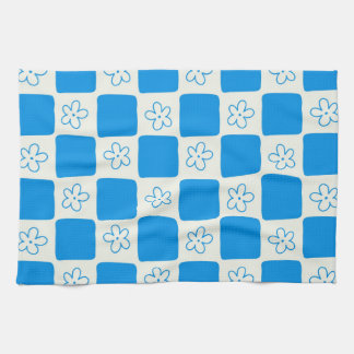 名門私立校風の青い花市松模様にの模様 キッチンタオル