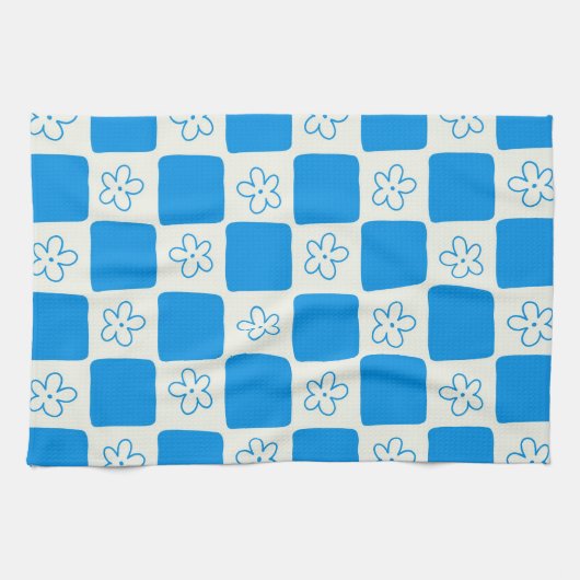 名門私立校風の青い花市松模様にの模様 キッチンタオル (横)