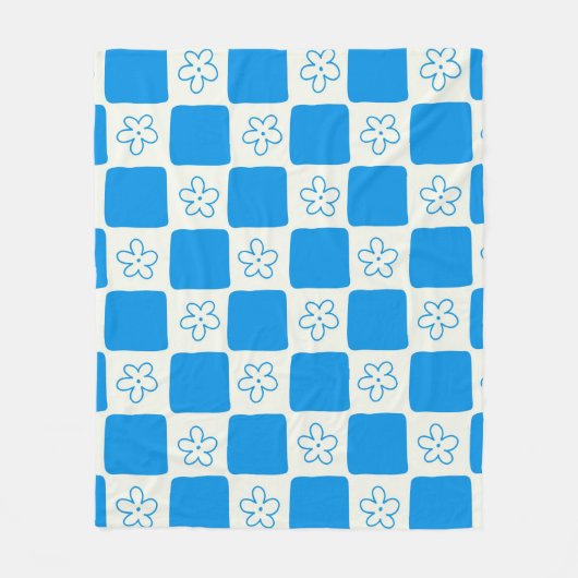 名門私立校風の青い花市松模様にの模様 フリースブランケット (正面)