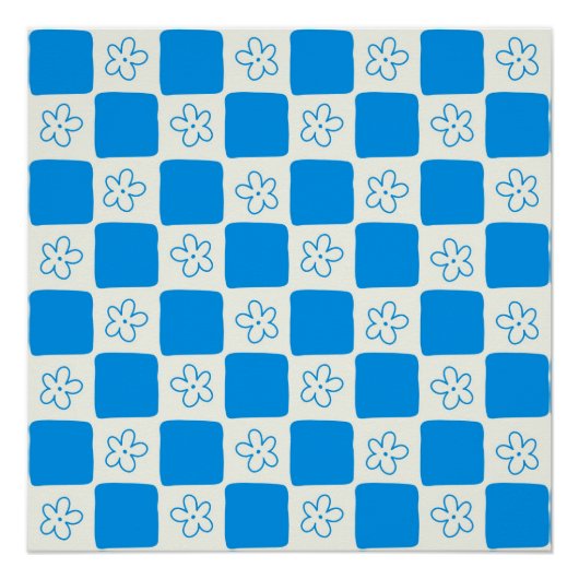 名門私立校風の青い花市松模様にの模様 ポスター (正面)