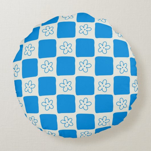 名門私立校風の青い花市松模様にの模様 ラウンドクッション (裏面)