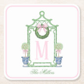 名門私立校風のChinoiserie Christmas Pagodaモノグラム スクエアペーパーコースター (正面)