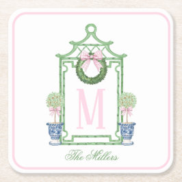 名門私立校風のChinoiserie Christmas Pagodaモノグラム スクエアペーパーコースター