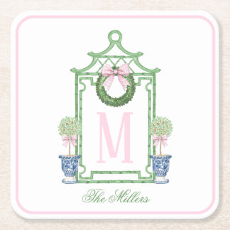 名門私立校風のChinoiserie Christmas Pagodaモノグラム スクエアペーパーコースター