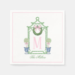 名門私立校風のChinoiserie Christmas Pagodaモノグラム スタンダードカクテルナプキン