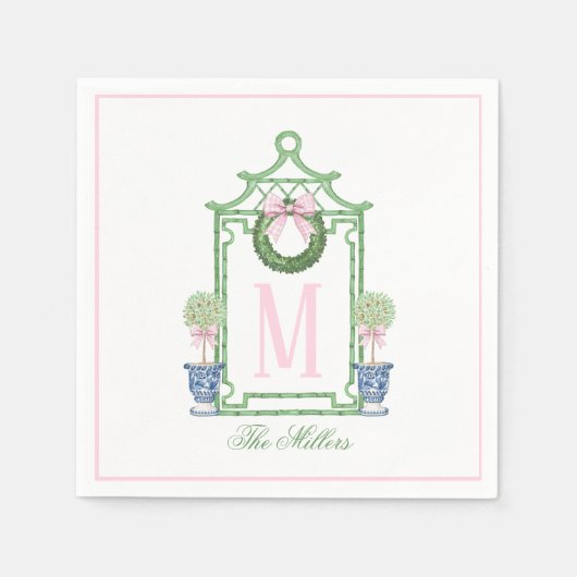 名門私立校風のChinoiserie Christmas Pagodaモノグラム スタンダードカクテルナプキン (正面)