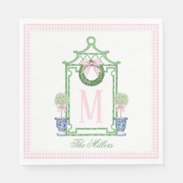 名門私立校風のChinoiserie Christmas Pagodaモノグラム スタンダードランチョンナプキン