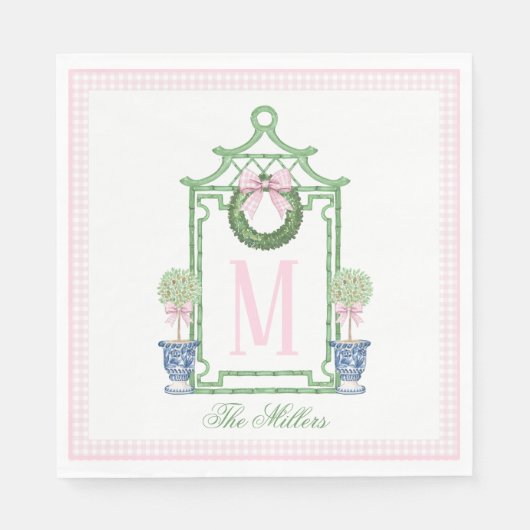 名門私立校風のChinoiserie Christmas Pagodaモノグラム スタンダードランチョンナプキン (正面)