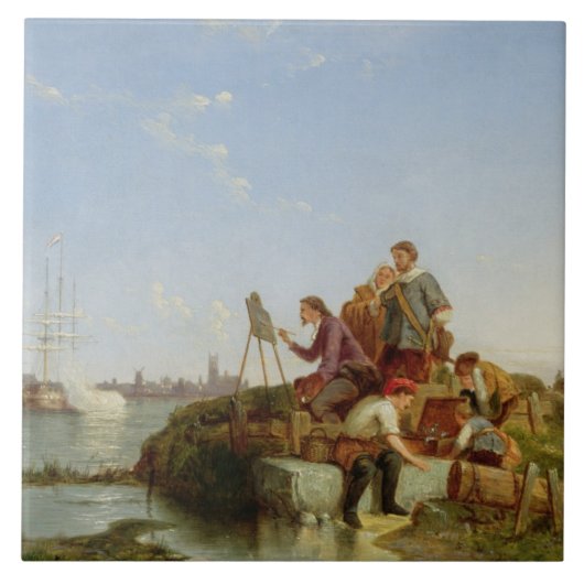 向こう彼のイーゼルおよび船積みの芸術家、1894年(油 タイル (正面)